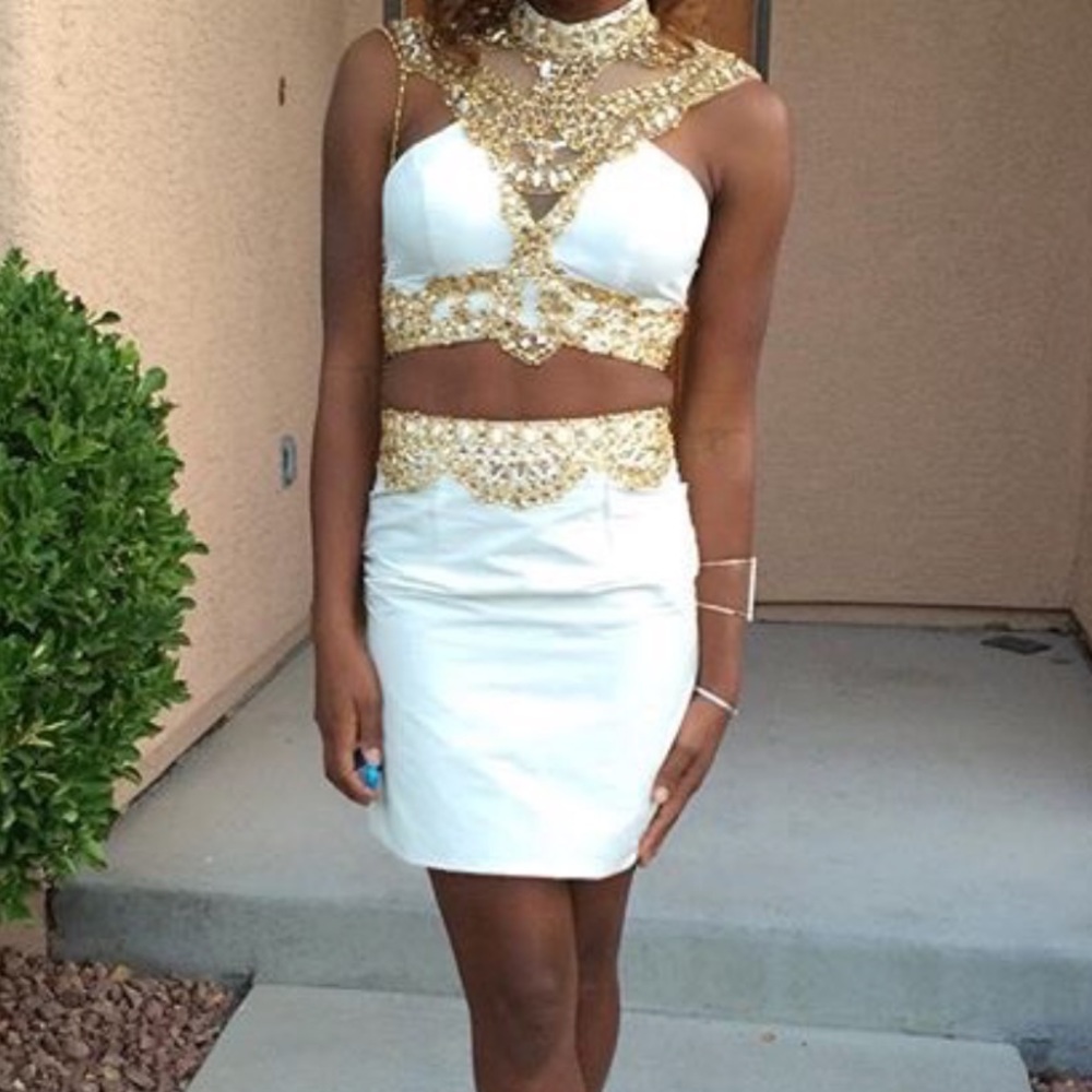 goddess white and GOLD prom/homecoming dress